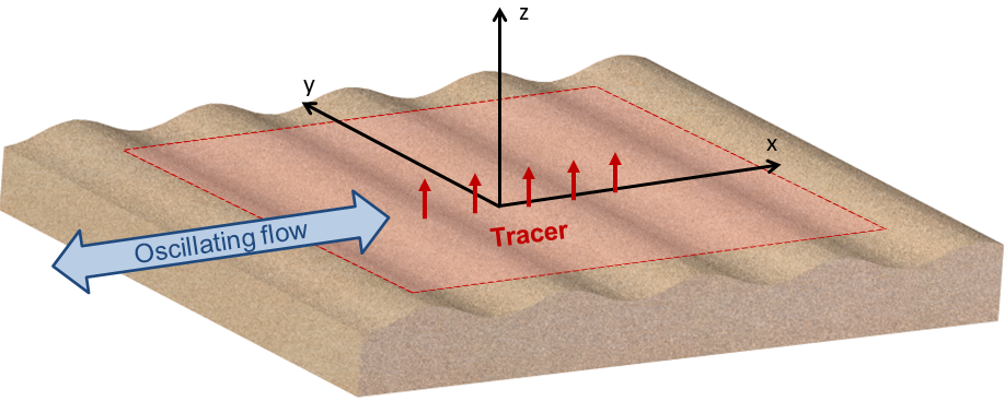 Messschema: Ein permeables Meeresbodenmodell wird bei gleichzeitigem Austritt eines Tracerfluids oszillierend überströmt